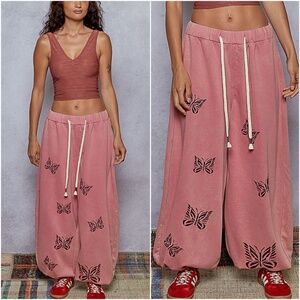 POL Butterfly Embroidered Vintage Wash Stretchy Waist Jogger Pants
